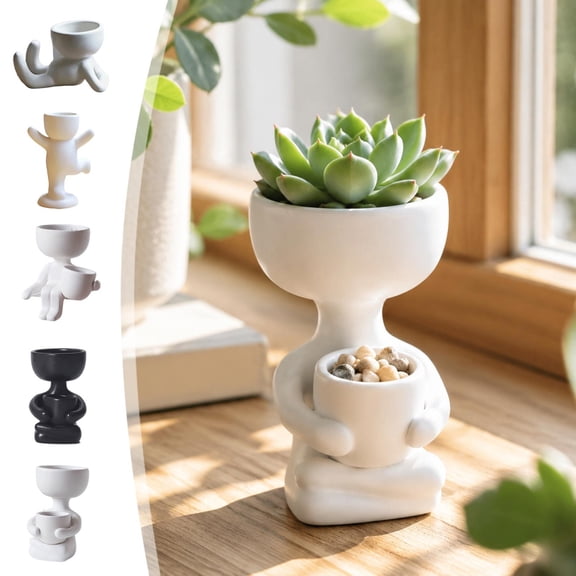 Desktop Planters,Abstract Human Ceramic Figurine Pot,Dual Cavity Matte Sculpture Vessel for Mini Fleshy-Leaved Cactus Window Office Table Decor(White)