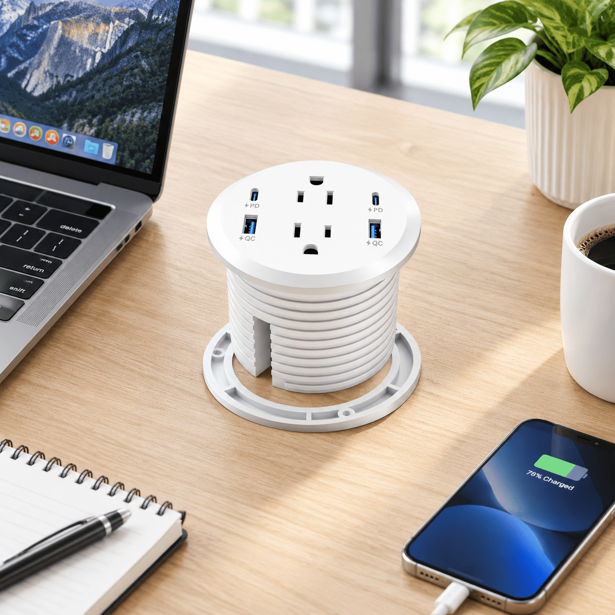 Desktop Power Grommet Gan 65wb C Fast Charging Station 2 Ac Outlets 4 ...