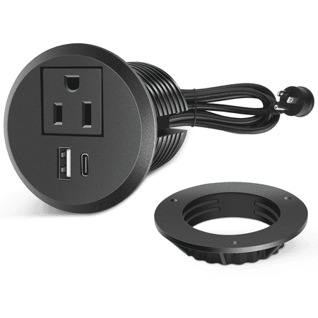 VILONG Recessed Outlet with Grommet Mount, USB-C PD Fast Charging Power Strip, 6ft Cable, Black
