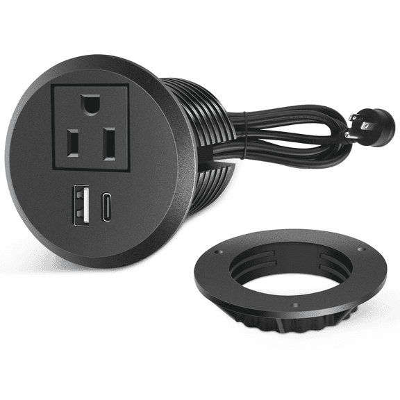 VILONG Recessed Outlet with Grommet Mount, USB-C PD Fast Charging Power Strip, 6ft Cable, Black