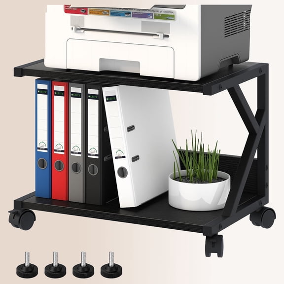 Desktop Printer Stand with 2 Tier Wood Storage Shelves,Under Desk Printer Table,Multi-Purpose Home Office Desk Organizer for Fax Machine, Scanner (Black)