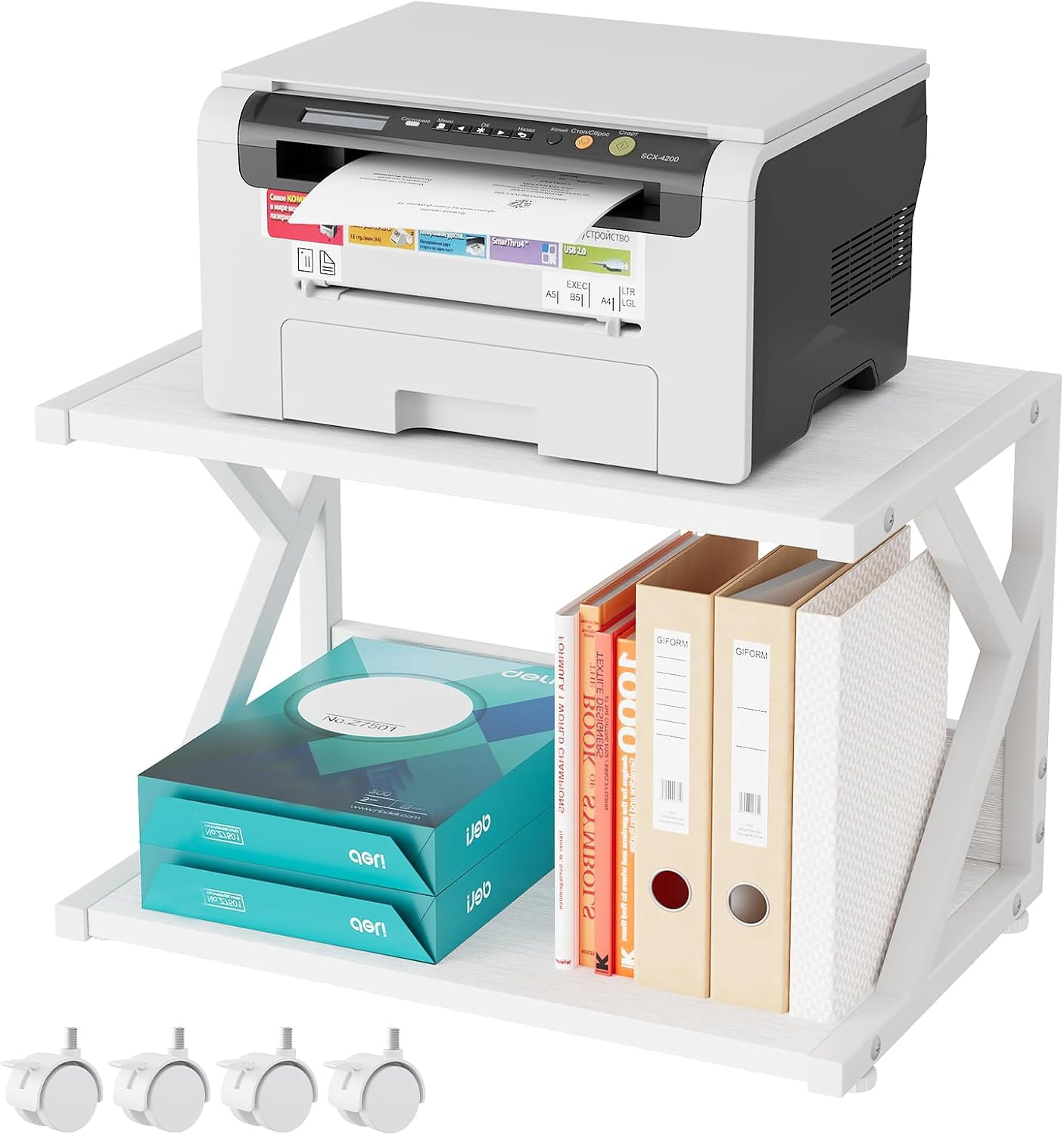 Stand Scanner Machine Desktop Printer Stand with 2 Tier Wood Storage Shelves,Under Desk ...