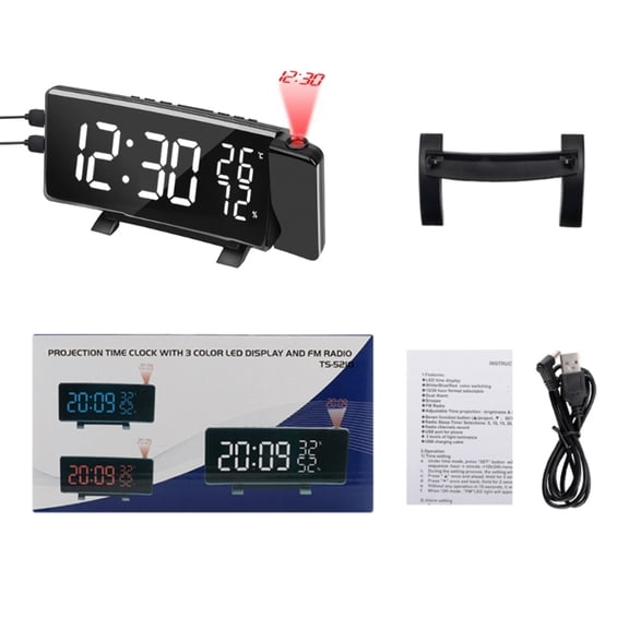 Desktop Projection Digital Alarm Clock with Colorful LED Display Radio and Temperature Humidity Readings Curved Screen