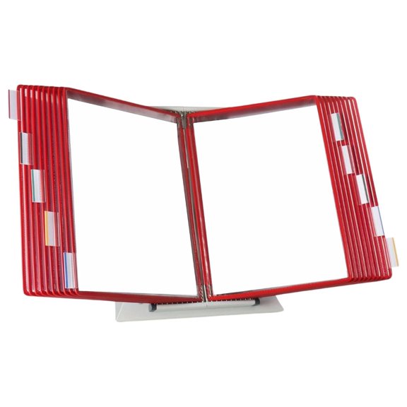 Desktop Reference Display System 20 Pockets Expandable Red Document Holder; Steel Wire Reinforced Frames; Non Glare PVC; Metal Base; Office Warehouse Classroom Organizer
