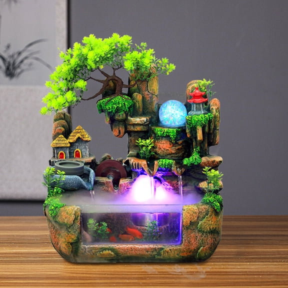 Desktop Resin Rockery Waterfall Fountain Bonsai Home Decoration & LED Light