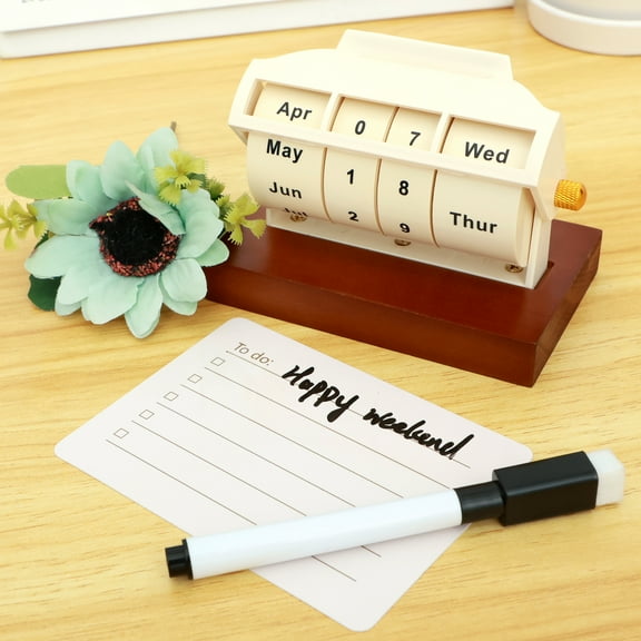 Desktop Rotary Perpetual Calendar Wooden Wheeling Calendar with Reusable Reminder List Month Week Date Display Decorative Wheel Perpetual Calendar for Desk Home Office