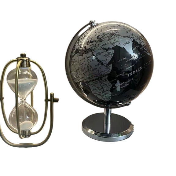 Desktop Rotatable World Globe with Sturdy Metal Base and Classic Hourglass for Office Home Study Decoration Educational Gift