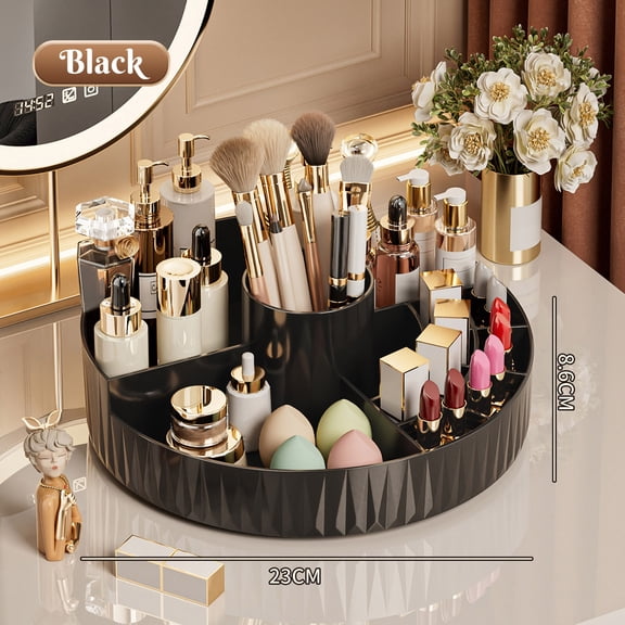 Desktop Rotating Cosmetic Storage Box, Multi-Functional Compartmentalized Makeup Organizer, Spinning Turntable for Makeup Brushes Skincare Products, Space-Saving Vanity Organizer, 9.06*3.39in, Black