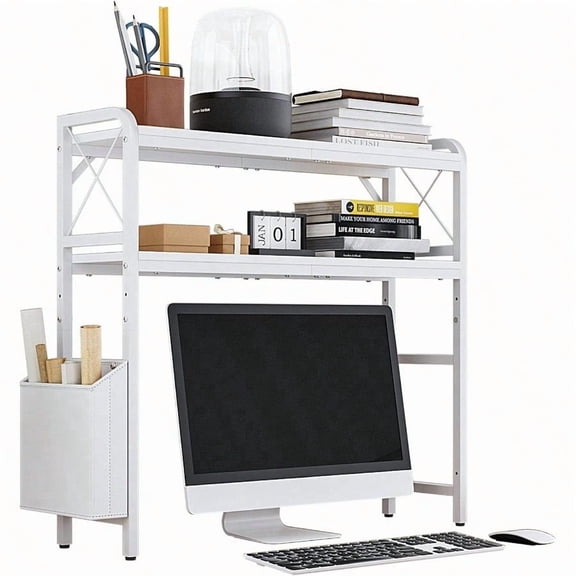 Desktop Shees Monitor Stand with Adjustable Shees and Side Pockets 2-Tier Desktop Bookshelf Organizer Large Capacity Display Shelf Rack Desk Hutch for Home Office Study Room White