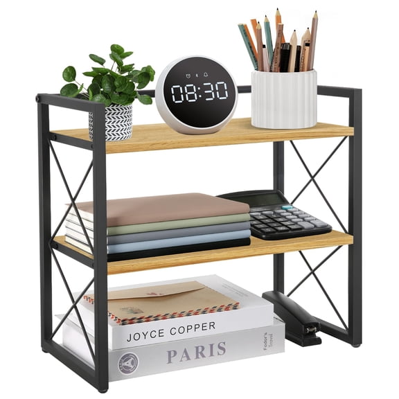 Desktop Shelf Organizer, 2 Tier Office Shelves, Wood Desk Organizer Storage Rack and Freestanding Display Shelf for Office, Dormitory, Home