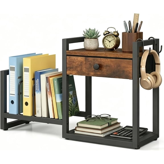 Desktop Shelf Organizer, 2-Tier Wooden Desk Bookshelf, Small Tabletop Book Shelf with Drawer and Hooks, Countertop Storage Rack for , Office, Dorm, Rustic Brown POHR2201