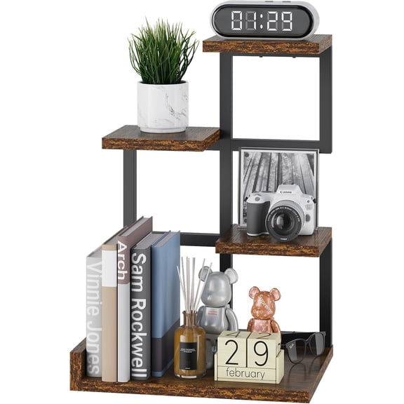 Desktop Shelf Organizer, 4 Tier Storage Display Rack, Desk Shelf Organizer Small Bookshelf with Metal Frame for Office, Books, Plants, 12.2" x 9.45" x 17.52", Rustic Brown Black UHSR007H