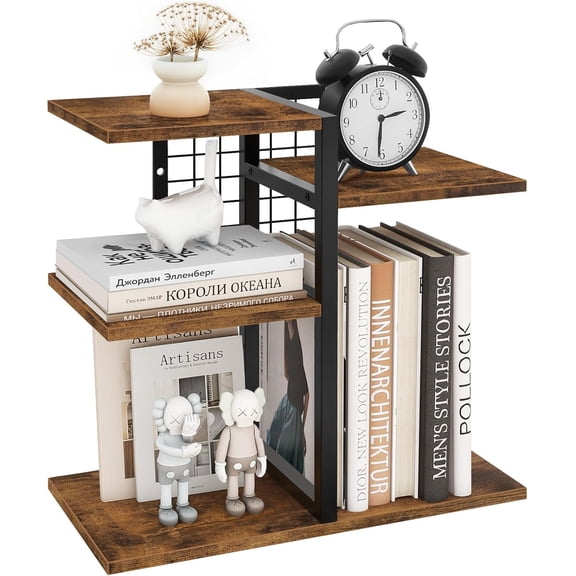 Desktop Shelf Organizer, 4-Tier Wooden Desk Bookshelf, Small Tabletop Book Shelf, Adjustable Display Rack for Home, Office, Dorm, Rustic Brown