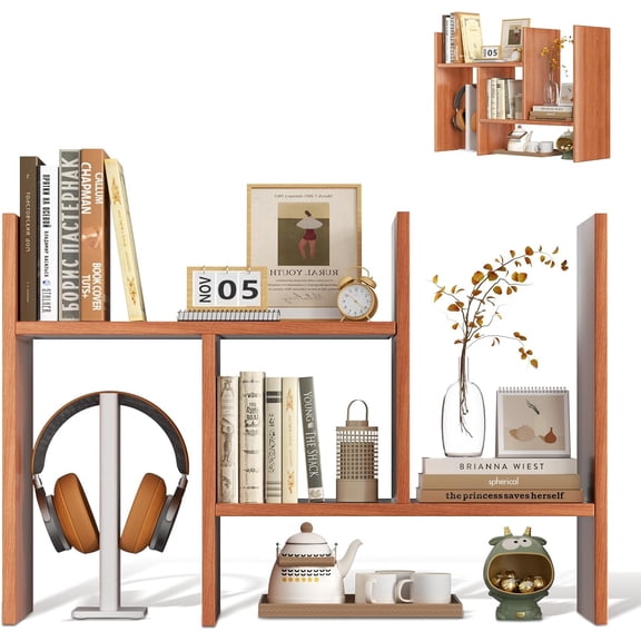 Desktop Shelf Organizer, Adjustable Wood Desktop Bookshelf, Office Storage Rack, Wood Display Shelf for Home, Study, Office (Walnut)