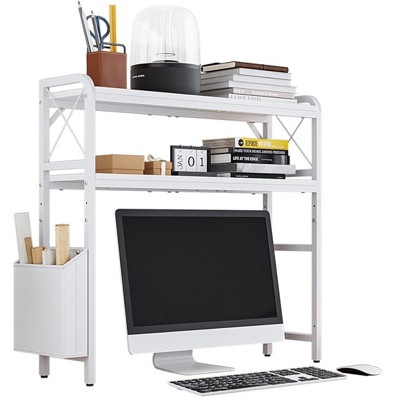 Desktop Shelves, Monitor Stand with Adjustable Shelves and Side Pockets, 2-Tier Desktop Bookshelf Organizer, Large Capacity Display Shelf Rack, Desk Hutch for Home Office, Study Room, White