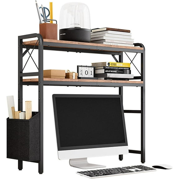Desktop Shelves, Monitor Stand with Adjustable Shelves and Side Pockets, 2-Tier Desktop Bookshelf Organizer, Large Capacity Display Shelf Rack, Desk Hutch for Home Office, Rustic Brown