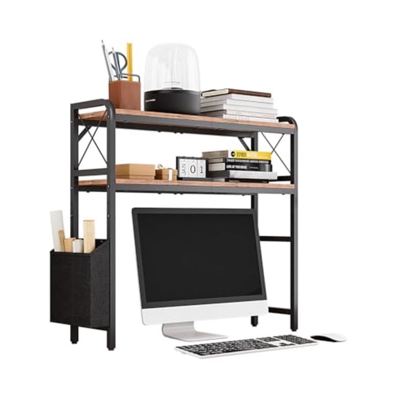 Desktop Shelves Monitor Stand with Adjustable Shelves and Side Pockets 2-Tier Desktop Bookshelf Organizer Large Capacity Display Shelf Rack Desk Hutch for Home Office Rustic Brown