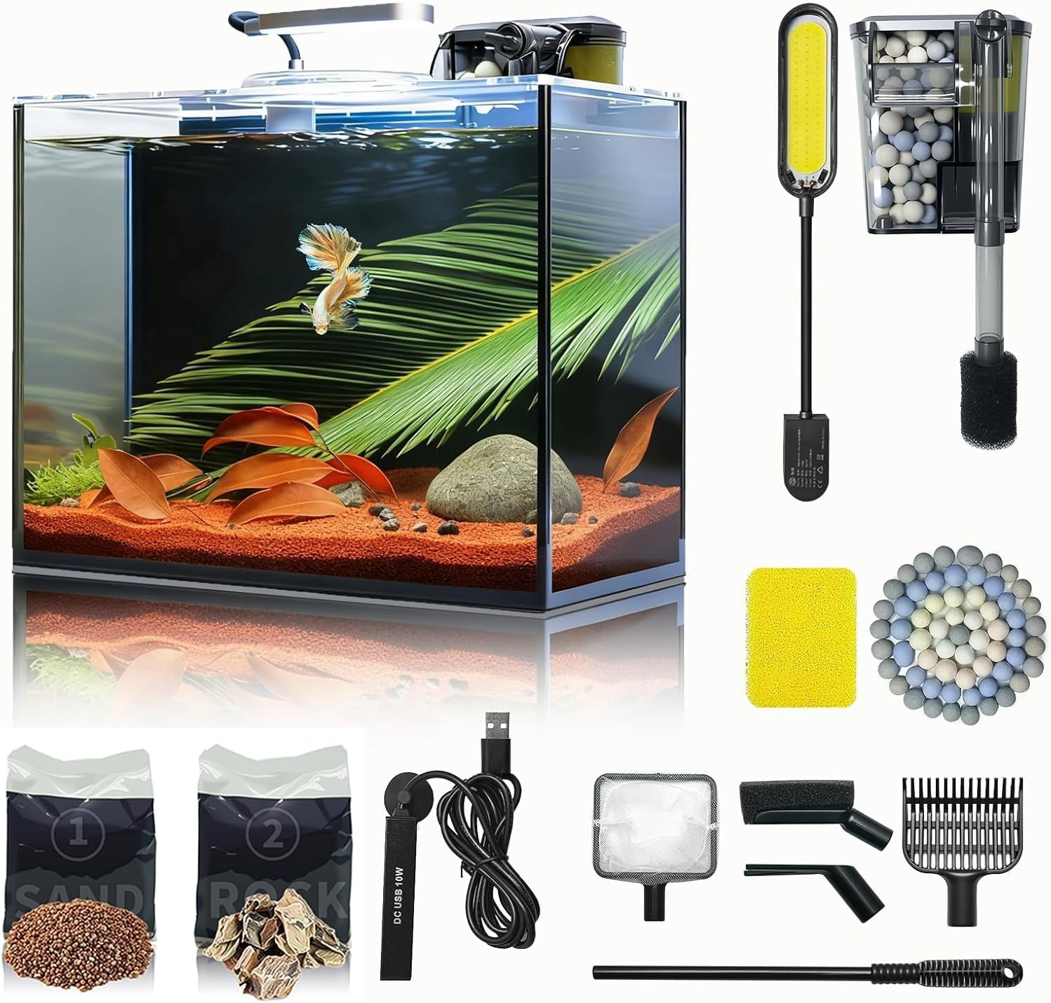 Desktop Small Aquarium Set Glass Fish Tank 1.25 Gallon, with Water Pump Filter Bright LED Light Gravel Cleaning Tool, Starter Kit Small Space Easy Setup Space-Saving Design Betta Shrimp