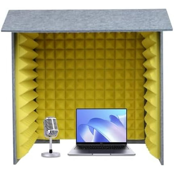 Desktop Soundproof Cover, 23.62'' x 23.62'' x 23.62'' Vocal Sound Absorbing Shield Portable Vocal Recording Booth Self Made Sound Booth Box for Recording Studios, Game Rooms (Yellow, Gray)
