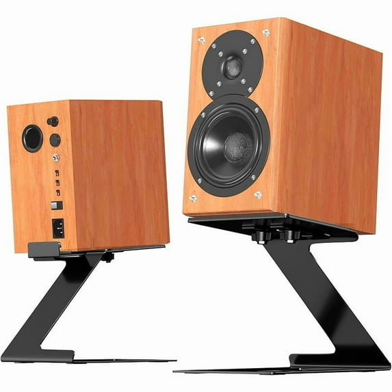 Desktop Speaker Stands Pair Heavy Duty Cantilevered Design, Vibration Absorbing Padded Foam Adjustable Tilt Function, Fits Small To Medium Speakers Bookshelf Computer Studio