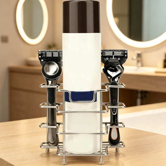 Desktop Stainless Steel Razor Holder for Shower, Shaving Can Gel Storage Stand with Non-Slip Base, Compatible with Gillette Fusion ProGlide, Mach 3, Harry's 5 Blade