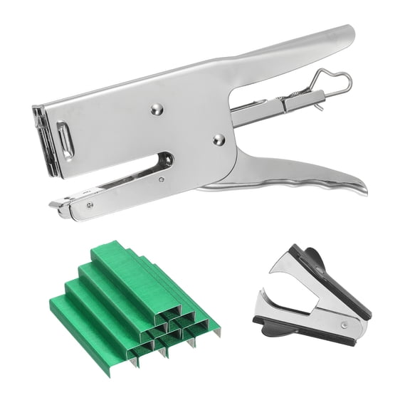 Desktop Stapler Heavy Duty, 1 Set Handheld Plier Stapler No Jam with Staples Remover and 1000 Green 26/6 Staples Set for Office Supplies Workplace Paperwork Cardboard, Silver
