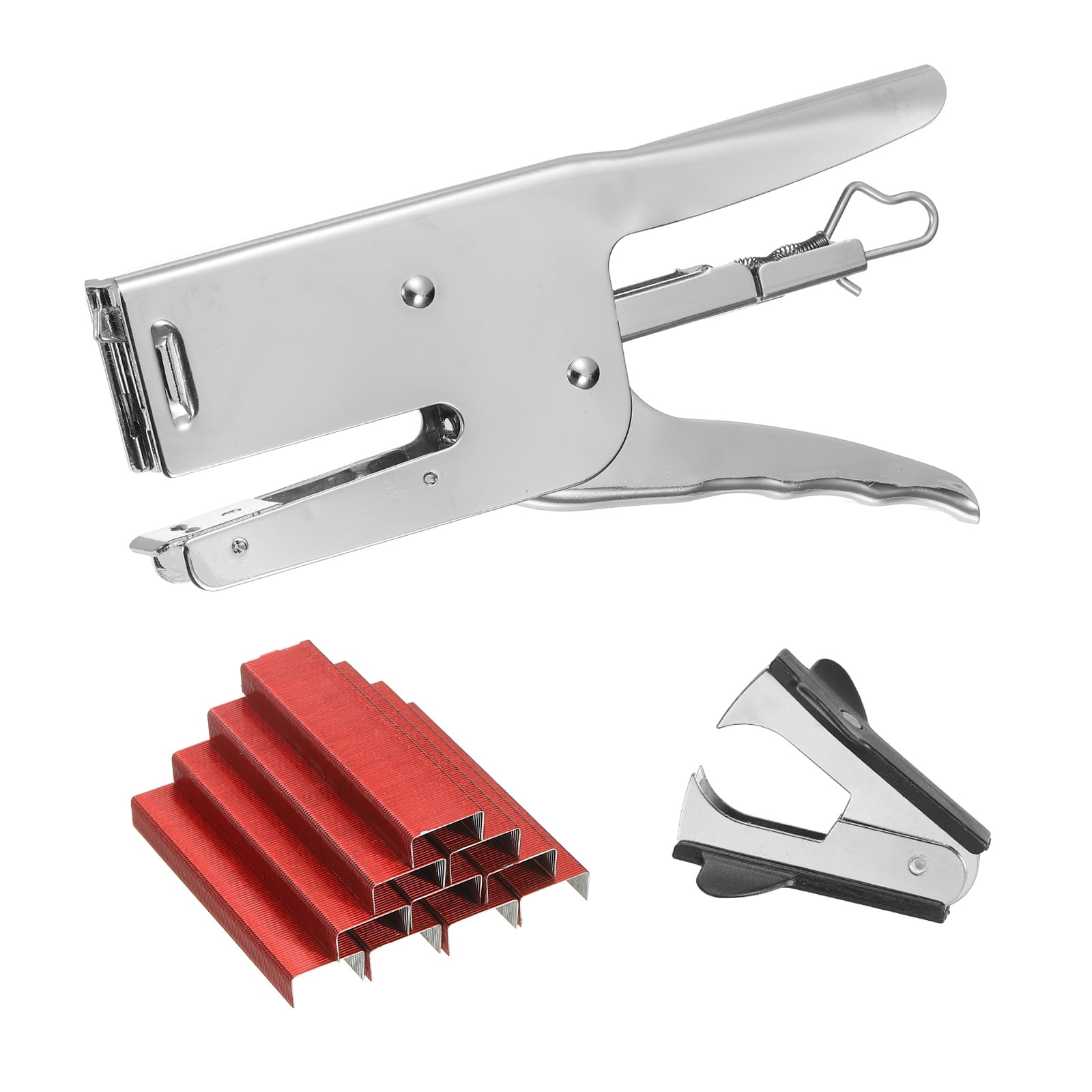 Desktop Stapler Heavy Duty, 1 Set Handheld Plier Stapler No Jam with Staples Remover and 1000 Red 26/6 Staples Set for Office Supplies Workplace Paperwork Cardboard, Silver