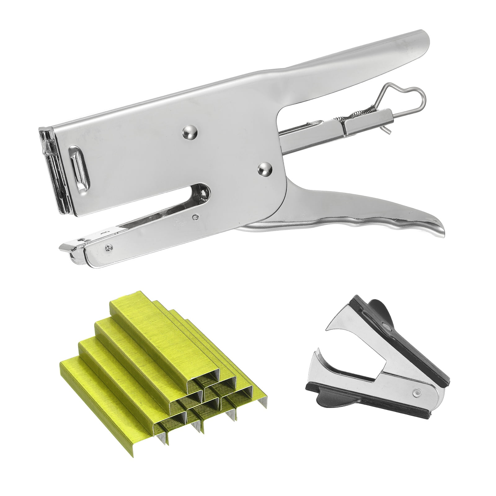 Desktop Stapler Heavy Duty, 1 Set Handheld Plier Stapler No Jam with Staples Remover and 1000 Yellow 26/6 Staples Set for Office Supplies Workplace Paperwork Cardboard, Silver