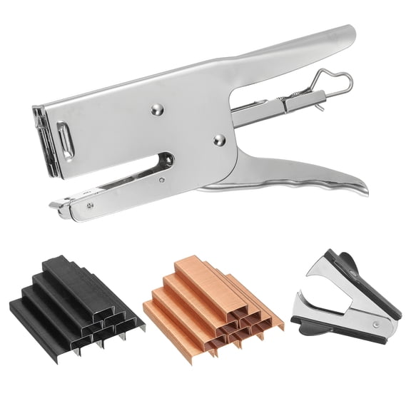 Desktop Stapler Heavy Duty, 1 Set Handheld Plier Stapler No Jam with Staples Remover and 2000 Black & Rose Gold 26/6 Staples Set for Office Supplies Workplace Paperwork Cardboard, Silver