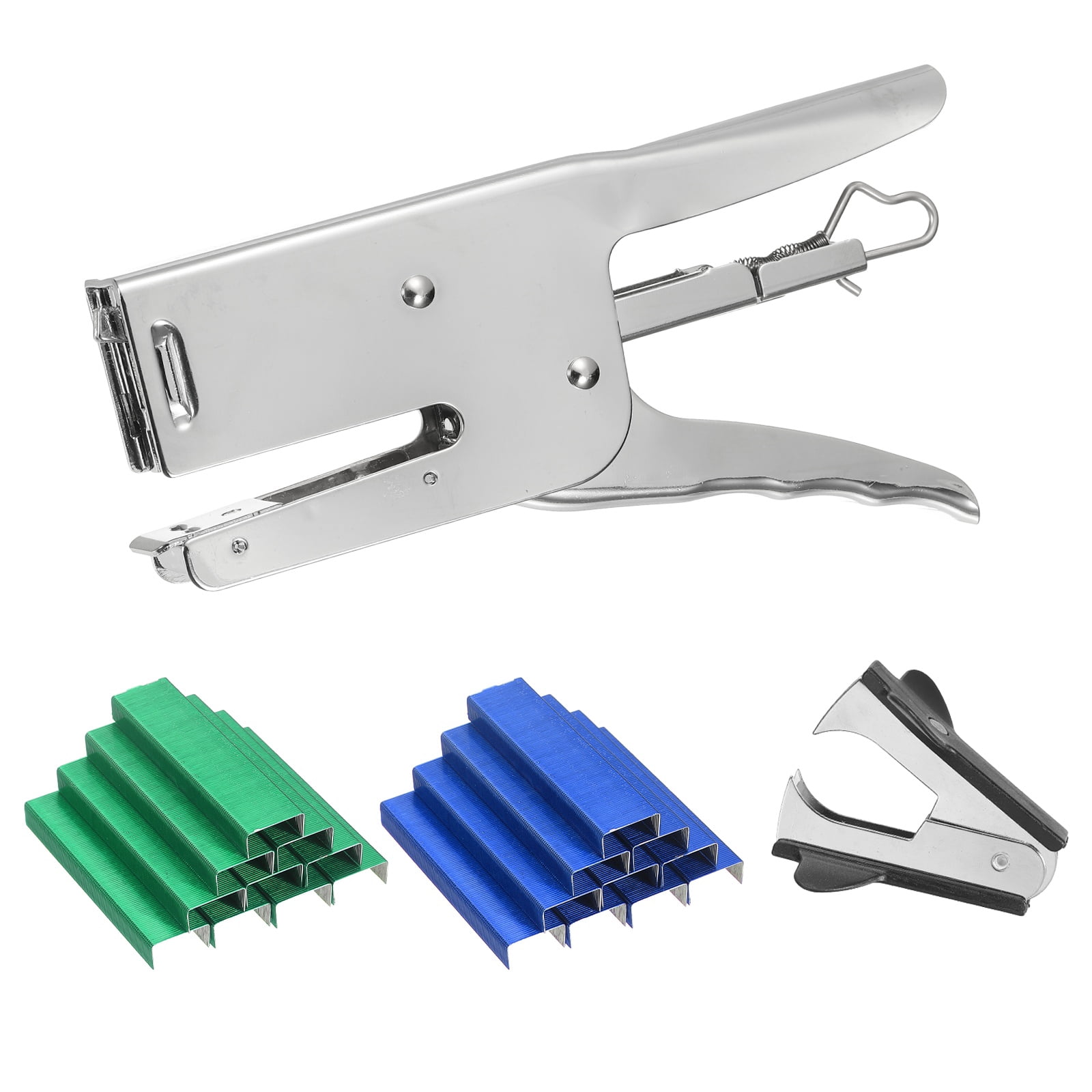 Desktop Stapler Heavy Duty, 1 Set Handheld Plier Stapler No Jam with Staples Remover and 2000 Green & Blue 26/6 Staples Set for Office Supplies Workplace Paperwork Cardboard, Silver