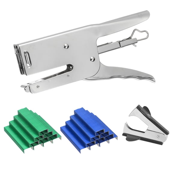 Desktop Stapler Heavy Duty, 1 Set Handheld Plier Stapler No Jam with Staples Remover and 2000 Green & Blue 26/6 Staples Set for Office Supplies Workplace Paperwork Cardboard, Silver