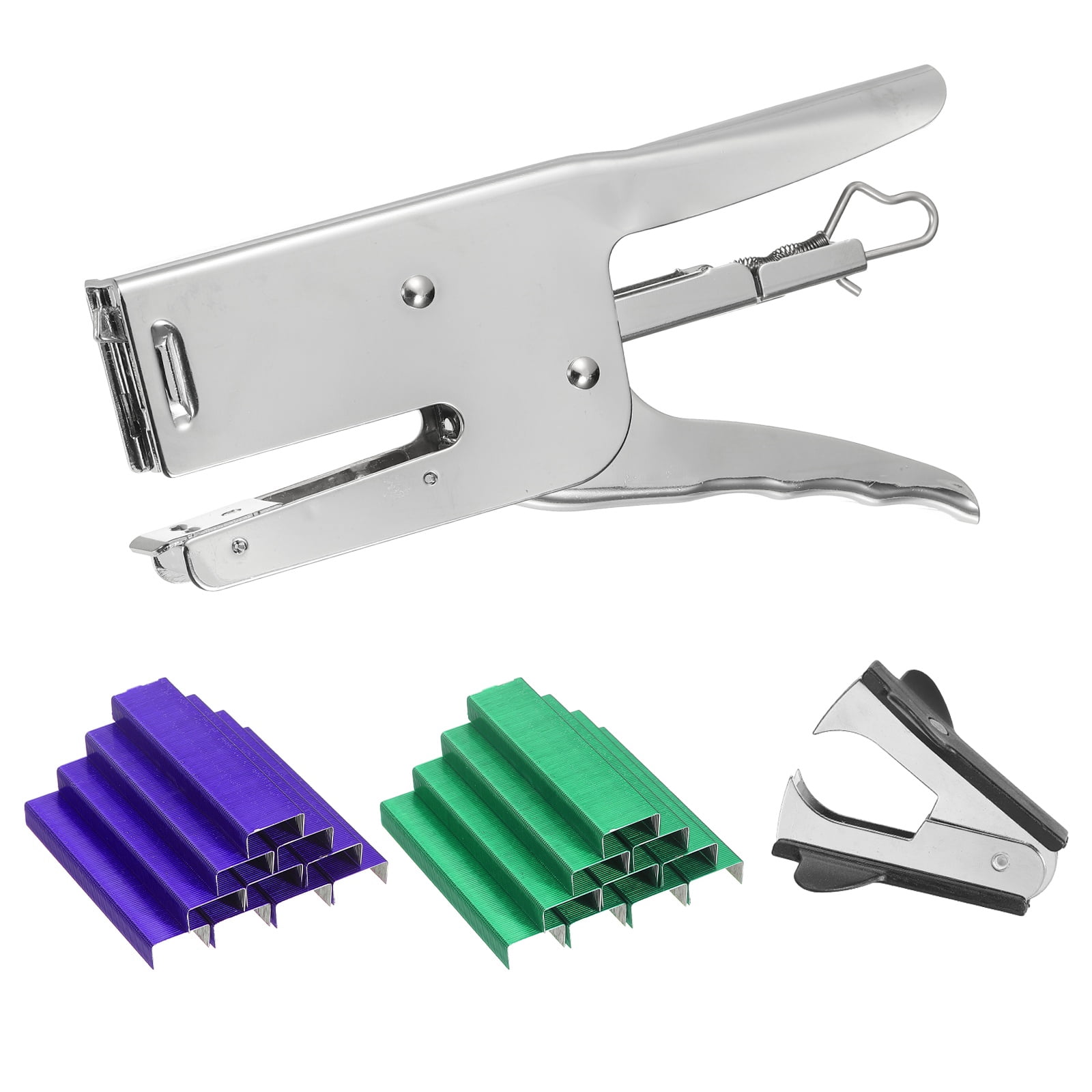 Desktop Stapler Heavy Duty, 1 Set Handheld Plier Stapler No Jam with Staples Remover and 2000 Purple & Green 26/6 Staples Set for Office Supplies Workplace Paperwork Cardboard, Silver