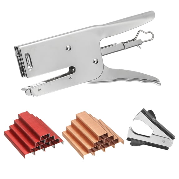 Desktop Stapler Heavy Duty, 1 Set Handheld Plier Stapler No Jam with Staples Remover and 2000 Red & Rose Gold 26/6 Staples Set for Office Supplies Workplace Paperwork Cardboard, Silver