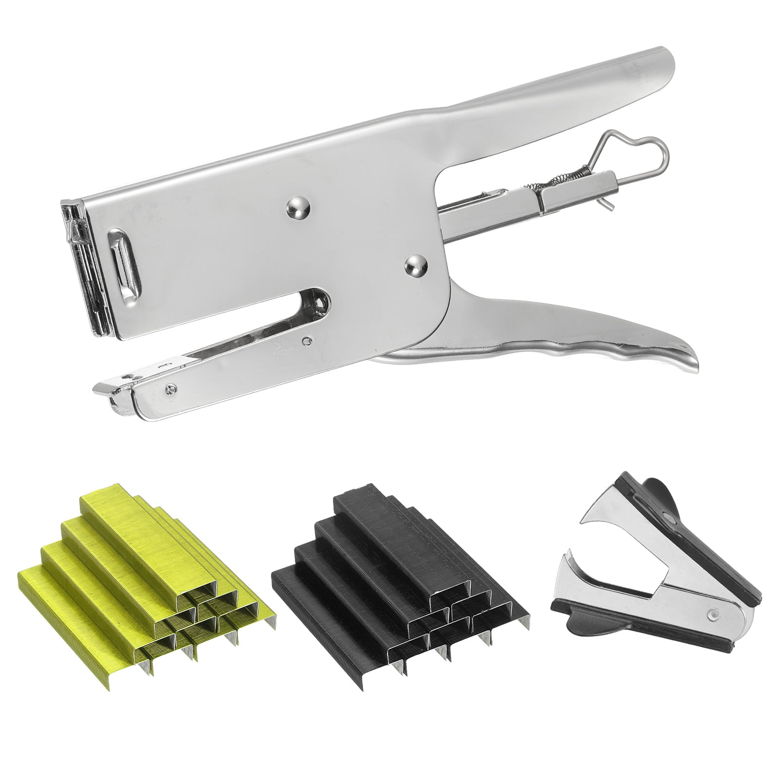 Desktop Stapler Heavy Duty, 1 Set Handheld Plier Stapler No Jam with Staples Remover and 2000 Yellow & Black 26/6 Staples Set for Office Supplies Workplace Paperwork Cardboard, Silver