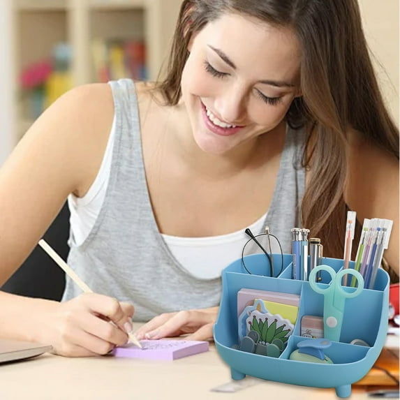 Desktop Stationery Organizer Box Plastic | Multi-Compartment Pen Holder Large Capacity | Home Office Desk Supplies Organizer White Pink Blue Green | Modern Tidy Storage 7.4x4.25x4.25in Durable Easy