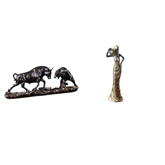 Desktop Statue Bull and Bear Fight Figurine Ornaments Tribal Lady Resin Art Sculpture for Home Office Decor