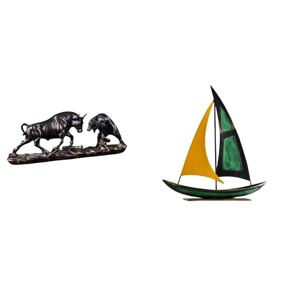Desktop Statue Bull and Bear Fight Figurine Sailboat Sculpture Iron Resin Material for Home Office Decor and Gift