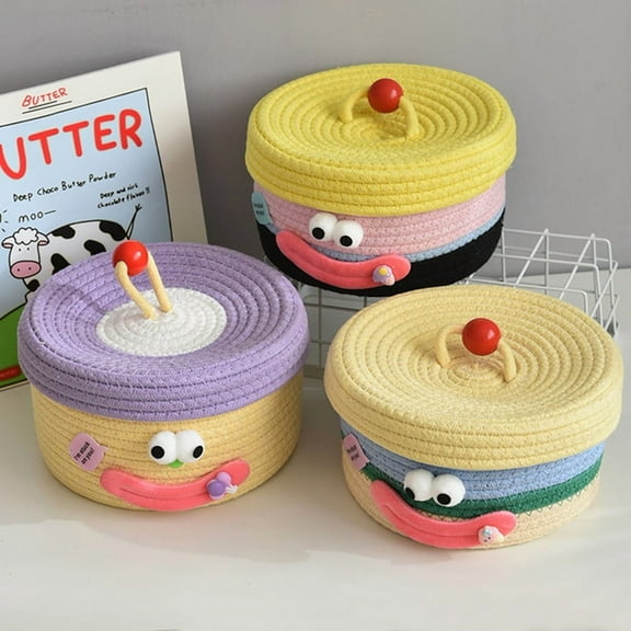 Desktop Storage Basket with Lid Woven Snack Storage Box Coffee Table Living Room Woolen Toys Storage Basket B