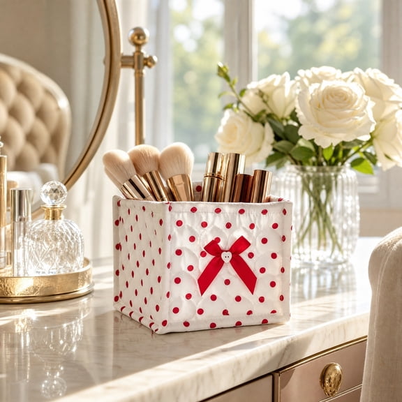 Desktop Storage Bin,Polka Dot Quilted Fabric Cube Foldable Bow Heart Stitch Detail,Small Cosmetic Sundry Organizer for Vanity Bedside Counter Arrangement(Red)