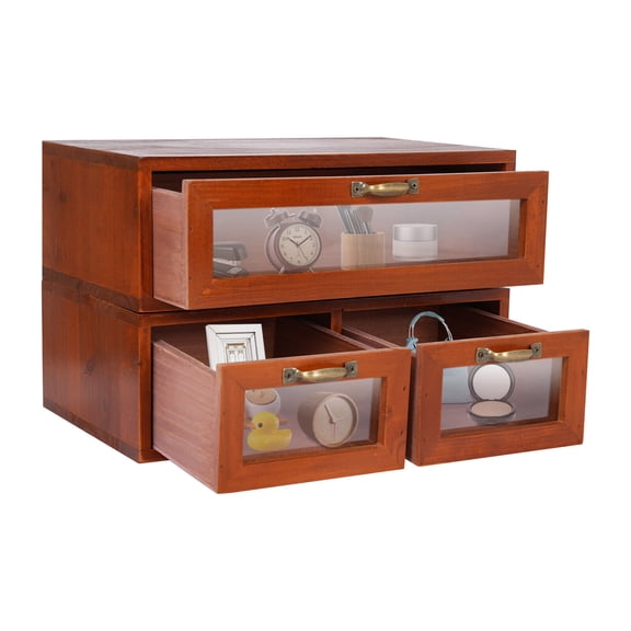 Desktop Storage Box (1+ 2 Drawers) Vintage Desk Organizer Tabletop Storage Organization Box with 3 Drawers for Office