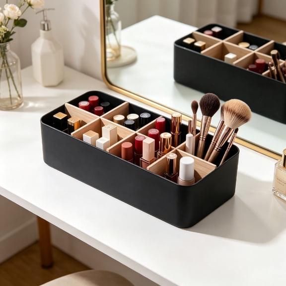 Desktop Storage Box 10.5x5.04x3.11in, Wood Cosmetic Storage Basket with 8 Slots, Remote Control Organizer for Living Room Coffee Table