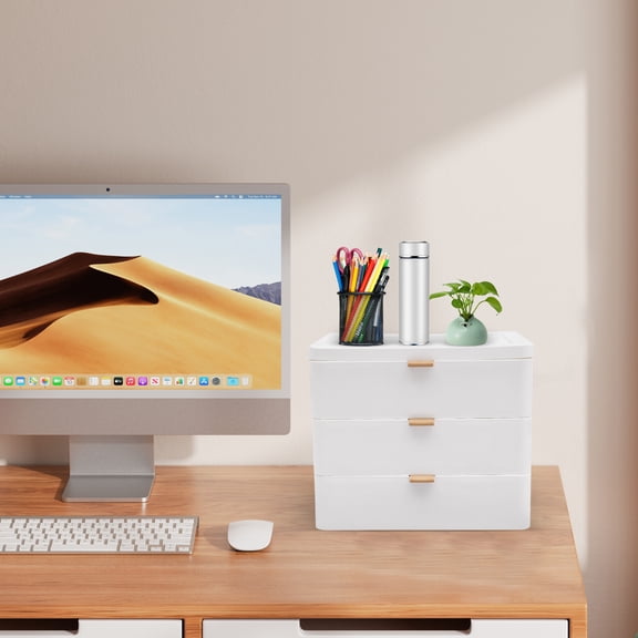 Desktop Storage Box 3 Drawer Plastic Desk Organizer with Top Platform, Small Makeup Jewelry Organizer for Office Supplies, White PP Storage Drawer Unit for Vanity Table Bathroom