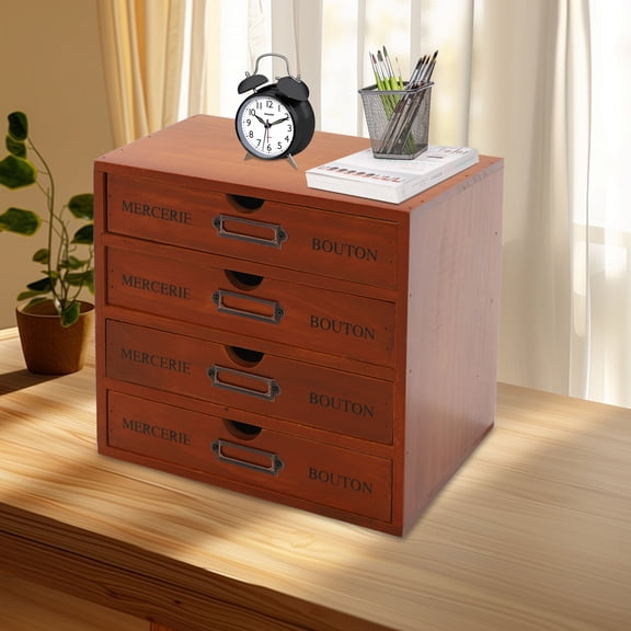 Desktop Storage Box with 4 Drawers, 9.65x6.89-inch Compact Size, Retro Brown Finish, Smooth Edges for Safety, No Assembly Needed, Great for Jewelry, Cosmetics, and Medication Storage