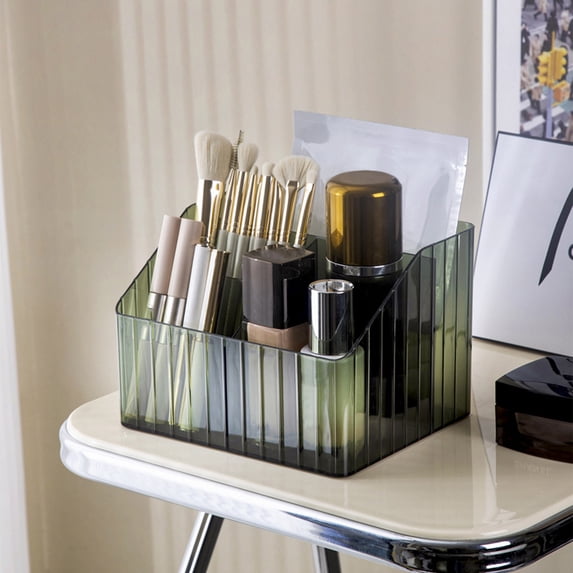 Desktop Storage Box 4 Grid - Plastic Pen Makeup Cosmetic Organizer - Clear Trapezoid Desk Sundries Organizer for Office, Bedroom, Living Room - White or Green, 1PC