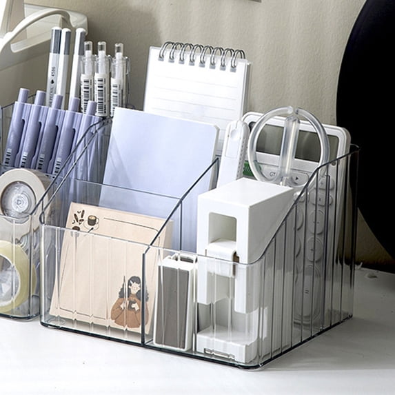 Desktop Storage Box 4 Grid - Plastic Pen Makeup Cosmetic Organizer - Clear Trapezoid Desk Sundries Organizer for Office, Bedroom, Living Room - White or Green, 1PC