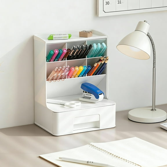 Plastic Pen Organizer, Plastic Desktop Organizer with Drawer, Multi-compartment Storage, Space-Saving Pen Holder Desktop Organizer for School Home Office Art Supplies