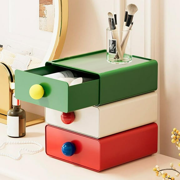 Desktop Storage Box Drawer Style Organizer | Office Desk Stationery Holder | Stackable Plastic Sorting Rack | Circular Handle | 1 Container | 20x20x7.5cm