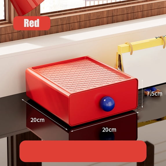 Desktop Storage Box with Drawers, Red Plastic Organizer for Writing accessories and Cosmetics, Stackable Desk Organizer with Handles for Workspace and Home Decor (1 Pc)