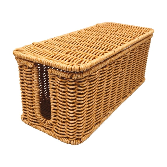 Desktop Storage Box Imitation Rattan, Lid Dust Proof, Washable Hollow Basket, Cord Charger Organizer, for Office Dorm