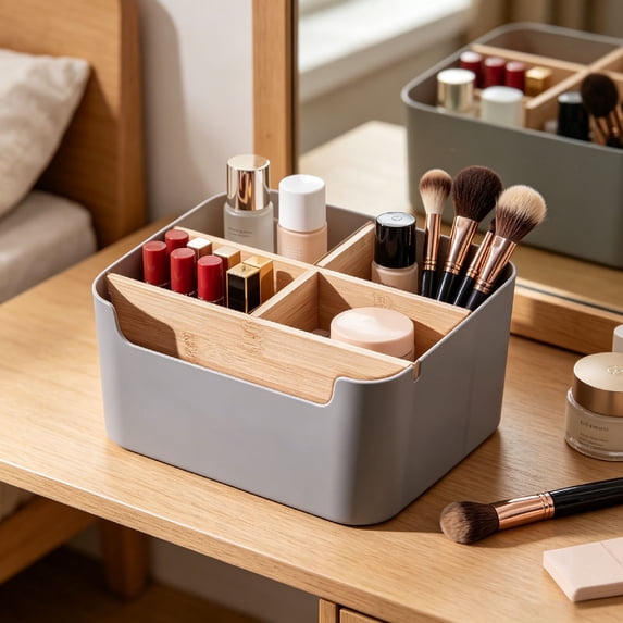 Desktop Storage Box with Wood Accents, Cosmetic and Organizer Basket, Living Room Coffee Table Desk Clutter, Modern Home Office Decorative Tidy Container, 3.66" x 5.75" x 7.17", KTFgvq